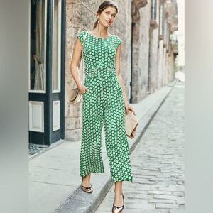 Boden Luna Women’s Size 10 Tall Jersey Jumpsuit Green White Geometric Pattern